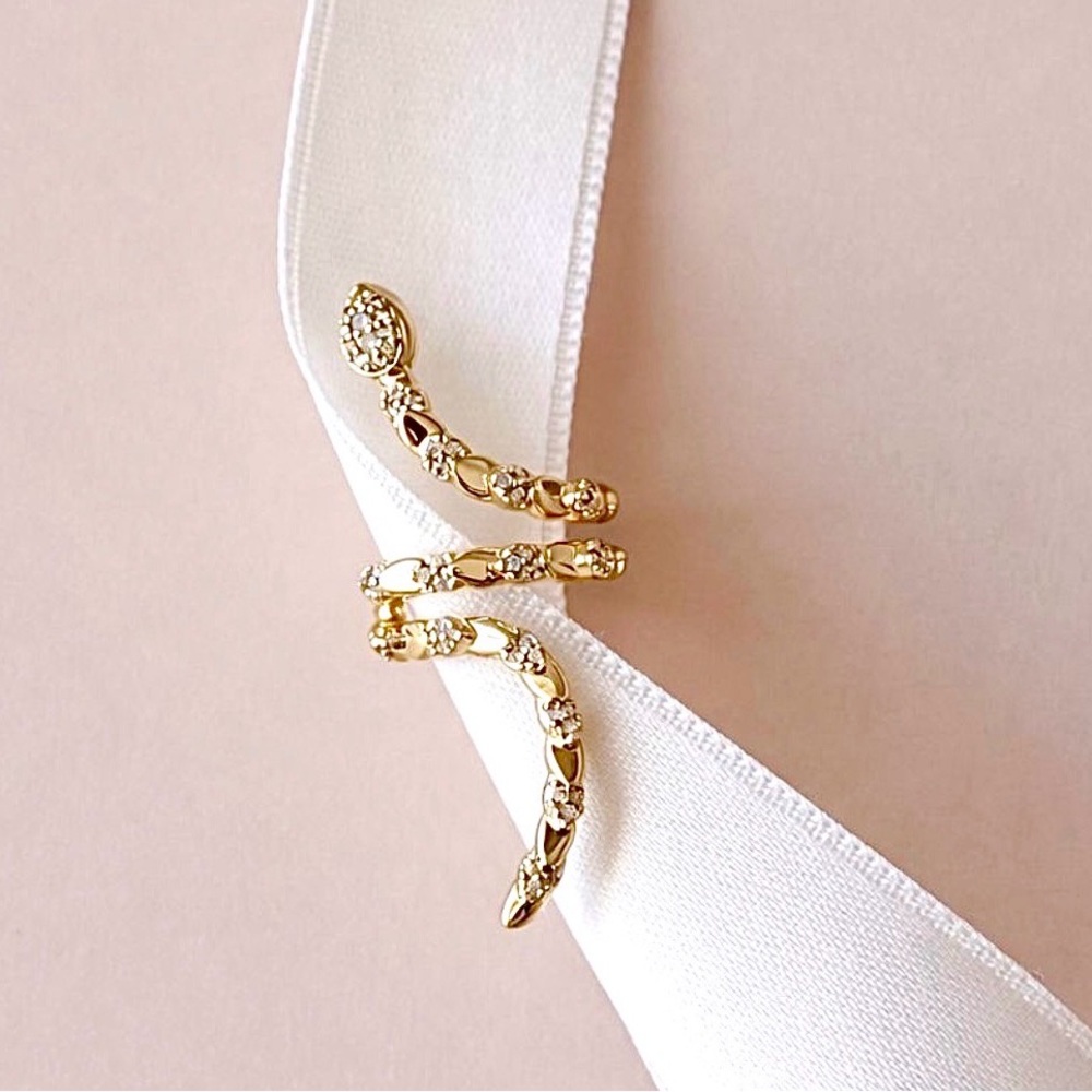 Snake Serpent Scale Textured Long Ear Cuff | 14K Gold Plated with Cubic Zirconia